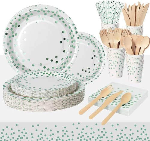 Nkaiso Partygeschirr Kindergeburtstag 193 Stück Grün Punkt Partyteller Geburtstag Mädchen Party Papier Set Teller Becher Servietten Geschirr zum Geburtstagsdeko-24 Gäste