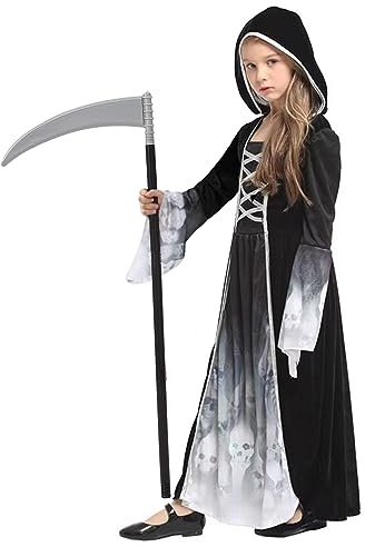 YIMOJOY Halloween Costume Ragazza- Principessa Fantasma Horror con falce, inquietante Mietitore Halloween Costume Bambini Ragazze Mietitore per Carnevale Abito in maschera (L)