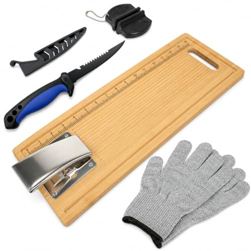 EXJIOTA Fischreinigungsbrett, Fischfiletbrett mit Klemme, Filetiermesser und Handschuhen, tragbares Angelmessbrett, 45,7 cm, Fischreinigungsset, Geschenke für Angeln, Mann, Frau