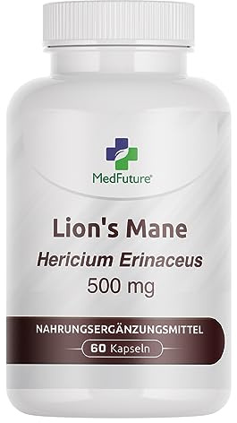 Lions Mane 500 mg - Löwenmähne Pilz Extrakt - Lions Mane Kapseln - 60 Kapseln Hericium Erinaceus für Kognitive Unterstützung und Wohlbefinden - Hochwertiges Nahrungsergänzungsmittel