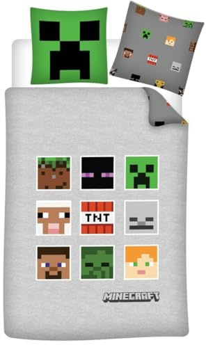 Minecraft Faces Kinderbettwäsche 140x200 + Kissenbezug Mikrofaser | Wendebettwäsche Einzelbett | Mikrofaser weich schnelltrocknend | Minecraft Lizenz | Kinder | Geschenk | Maschinenwaschbar