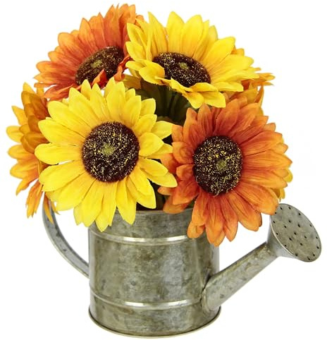 Kunstblume Sonnenblumen in Gießkanne ca. 21 x 25 x 20 cm – Künstliche Blumen Deko – Sonnenblumen Arrangement in Metall-Gießkanne – Herbstdeko Tischdeko für Wohnzimmer, Küche & Fensterbank