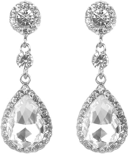 FDEETY Earrings for Women Crystal Teardrop Earrings Rhinestone Big Long Drop Dangle Diamante Hypoallergenic Earrings Bridal Jewellery Gifts for Birthday Anniversary（White）