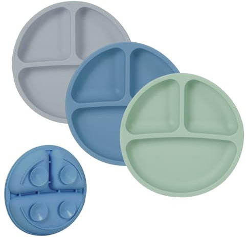 Baby Teller, 3Pcs Silikon Rutschfester Kinder Tischset mit Saugnäpfen, BPA Frei, Geteilte Standfeste Babyteller Kleinkind Teller für Baby Kleinkind und Kinde (Blau+Grün+Grau)