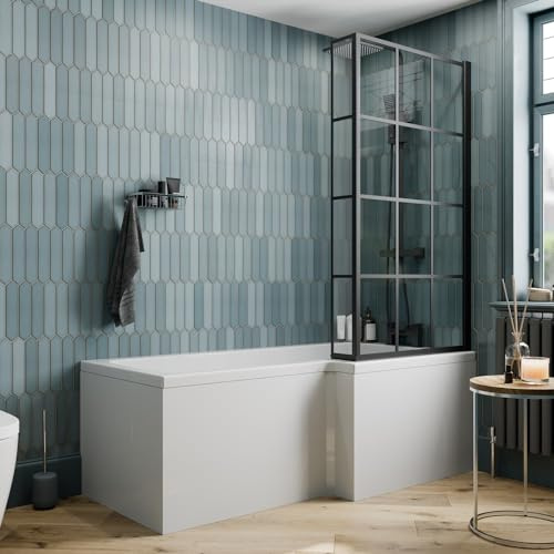 BAYSTONE 1500 x 855mm Right Hand L Shaped Shower Bath Bathtub with Front & End Panel + Black Framed Grid Bath Screen