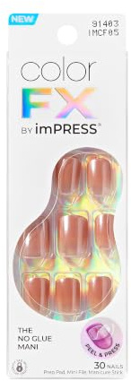 Kiss Impress No Glue Mani Press On Nails, ColorFX, 'Last Call', Pink, Short Size, Squoval Shape, Includes 30 Nails, Prep Pad, 1 Manicure Stick, 1 Mini File