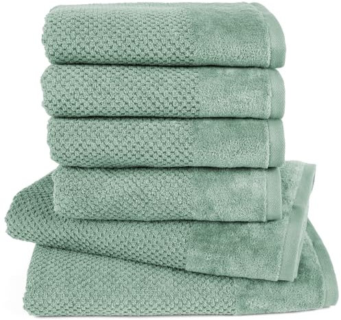 Pure Label 6-TLG. Handtücher Set mit Aufhängeschlaufen aus 100% Baumwolle, saugstark, weich und Oeko-TEX Zertifiziert - 2X Badetuch (70x140 cm) 4X Handtuch (50x100cm), Grün