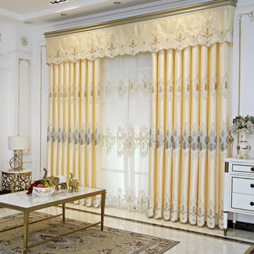Beydodo Gardinen Verdunkelnd Wohnzimmer, Blickdichte Vorhänge Ösen 2er Set Vintage Stickerei mit Blumen Motiv 107x229CM Gelb Verdunkelungsvorhang Kinderzimmer Schlafzimmer
