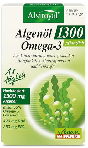 Alsiroyal Algenöl 1300 (30 Kapseln) – Omega 3 hochdosiert mit DHA & EPA - 1 Kapsel pro Tag - unterstützt Herz-, Gehirnfunktion & Sehkraft - Vegan - für 30 Tage
