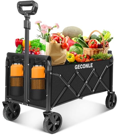 Carrello Pieghevole su Ruote, 100L 100KG Carrello Trasporto Con Ruote Rimovibili Braccioli Regolabili e Sacchetti per Tazze, Trasportatore da Picnic per Festival Shopping Campeggio Giardino