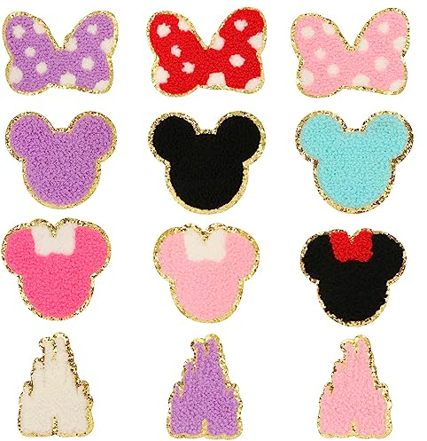 12 Pcs Chenille Bear Patches Cute Bear Head Bows Castle Embroidered Patches | Bear Bows Castle Embroidered Patches Iron on Knee Patches Gold Trimmed Iron on Patch Bear Decorative Patches Sew on Applique