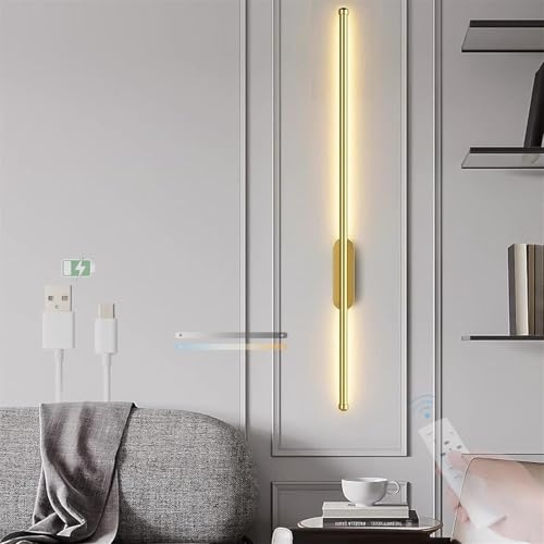 LED Dimmbar Wandleuchte mit Fernbedienung Wandleuchten Innen 3 Farbmodi Helligkeit 10-100% Wandlampe USB Aufladbare Batterie Betrieben Wandbeleuchtung Modern Kabellose für Wohnzimmer (Gold,60cm)