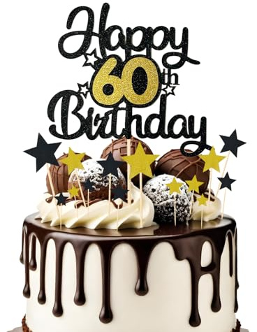 Bliceon Happy 60th Birthday Cake Topper, Black and Gold Glitter 60th Cake Topper with Stars, Personalised Birthday Decorations for Men Women, Anniversary Party, Cupcakes Supplies