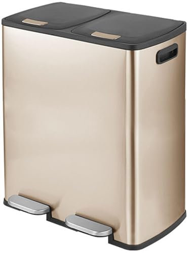 QPQPQ Grande Poubelle à Marche à Deux Compartiments, Poubelle et Recyclage Double en Acier Inoxydable avec pédale et Couvercle à Fermeture Douce pour Cuisine, Salon, Bureau,d'or,60L