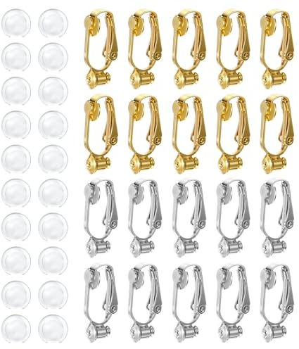 20 Stück Ohrclip-Verschlüsse, Silber und Gold, Clip-On-Ohrring-Konverter, nicht durchbohrte Ohrklemmen, Komponenten mit Pfosten für Ohrringherstellung, 20 Stück Silikon-Ohrring-Pads