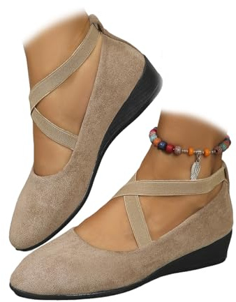 Scarpe da donna comode, elastiche incrociate, con zeppa, ballerina, alla caviglia, con cinturino incrociato, punta arrotondata, comoda pompa, cachi, 39.5 EU