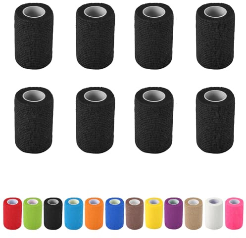 8 Pack Self Adhesive Bandage Wrap, 3 in x 5 Yards Non-Woven Self Adherent Cohesive Bandage, Vet Wrap Wound Tape for Thumb Finger Wrist Knee Ankle, Black