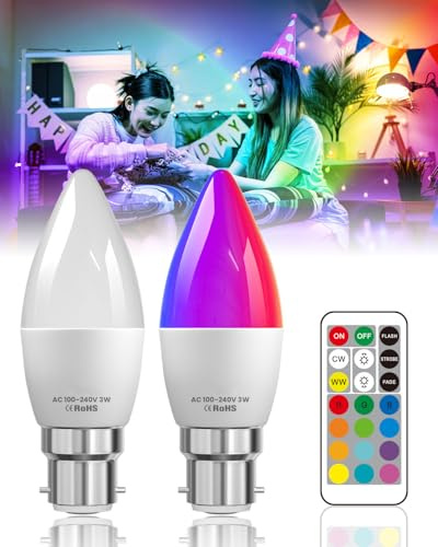 Lustaled B22 LED Colour Changing Light Bulb with Remote Control, 3W Dimmable Bayonet Light Bulb Candle RGB 12 Colour + Warm/Cool White for Bedroom Decor, Night Lamp, Mood Light, Party, 2-Pack