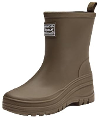 Utomhus gummiskor dam platåskor, dam Mid Calf regnstövlar, enfärgade platta tjocka halkfria, avslappnade utomhus gummistövlar skor, lätta regnskor