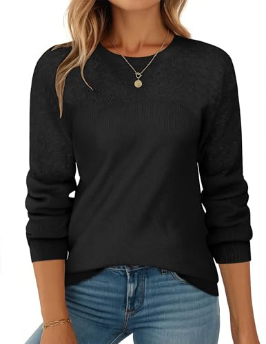 Zeagoo Pullover Damen Herbst Winter Strickpullover Elegant Rundhals Pulli Langarm Strickpulli Ribbed Knit Pullover Häkelpullover Schwarz L