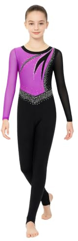 FEESHOW Mädchen Turnanzug Langarm Gymnastikanzug Ganzkörper Strass Mesh Farbblock Trikot Ballett Tanzanzug Tanzkostüm