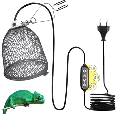 Behogan Reptilien Wärmelampe mit Schutzkorb, Terrarium Lampe mit Dimmer&Zeitschaltuhr, Wärmelampe Terrarium für Schildkröte, Eidechse, Schlange, Hühner, UVA UVB Lampen(Keine Glühbirne)