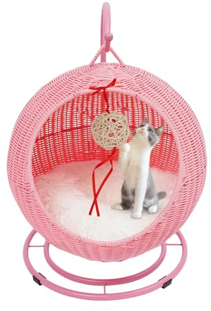 Katzenschaukel mit Kratzbaum & Kühlkissen – Hängender Katzenkorb aus Kunstrattan, Schaukelndes Katzenbett mit Spielzeug für Drinnen, Kuschelige Katzenhöhle als Katzenmöbel (Pink)