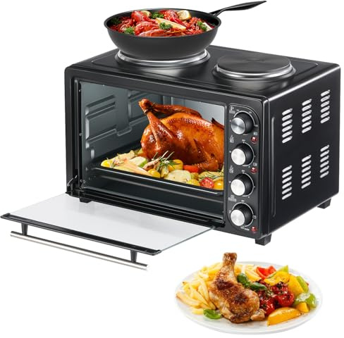 Backofen 36 L Großraum aus Edelstahl Doppelkochplatten Doppelpfanne Vier Drehregler Camping oven Backofen Umluft Pizzaofen Mini Ofen(DE Version)