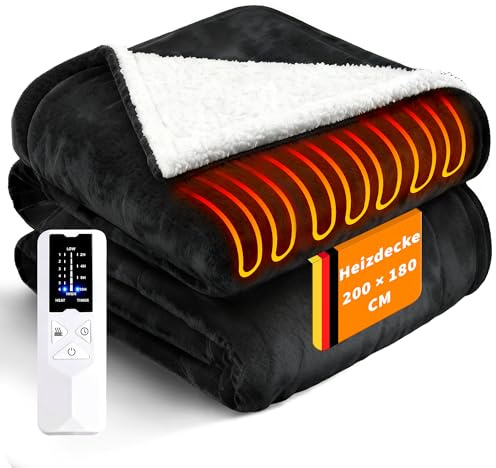 Citybee Heizdecke mit Abschaltautomatik Elektrische Wärmedecke 200x180cm - Beheizbare Kuscheldecke 6 Heizstufen mit 10 Stunden Timer Überhitzungsschutz - Heating Fleece Blanket Waschbar für Bett&Sofa