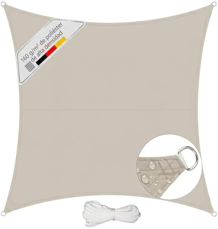 Sunula Toldo Vela Impermeable 4x4m Cuadrado– PES 160g/m², con Cinta Perimetral y Anillas de Acero Inoxidable, Sellado de Costuras y Protección UV hasta 95%, para Balcón Terraza Jardín, Taupe