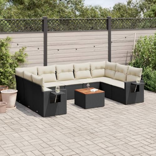 JHQHSM Set di 10 divani da giardino in polyrattan nero con cuscino e tavolo in legno di acacia, resistente alle intemperie, in polietilene, con spazio di archiviazione e ripiani pieghevoli per