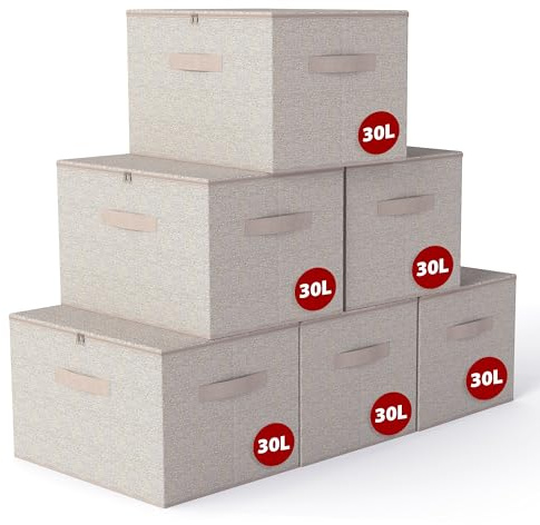 Sekey Aufbewahrungsbox mit Deckel, Faltbare Stoff Box mit Griffen, Aufbewahrungskiste & Organizer für Kleidung im Kleiderschrank & Spielzeug im Kinderzimmer - 6er Set, 40x30x25cm, Sandbeige