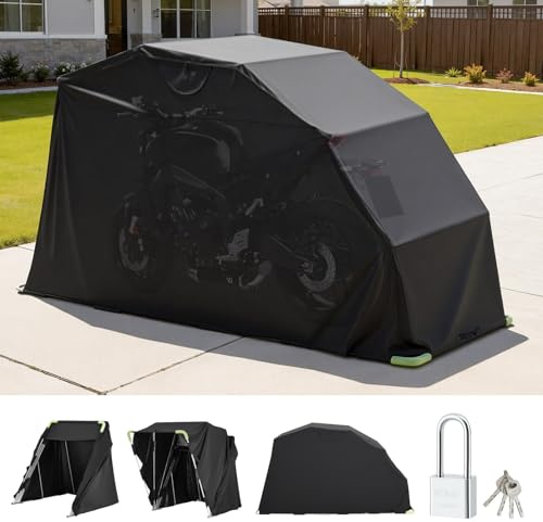 VEVOR Refugio para Motocicleta con Cerradura de Seguridad, Carpa Abatible Oxford 600D, Resistente a la Intemperie y la Corrosión, con Ventanas de Ventilación, 340 x 137 x 190 cm, Color Negro