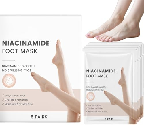 Niacinamid fotmask, återfuktande och exfolierande mask för vård av torra och spruckna fötter, återfuktande peeling mask för mjuka, släta fötter, 5 par (1 låda)