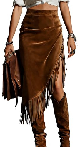 Gonna in pelle scamosciata da donna con frange, a vita alta, gonna midi asimmetrica, orlo in pelle scamosciata, per il tempo libero, stile occidentale, gonna da cowgirl, marrone, M