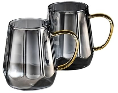 CJHFR472SG Elegante Juego de 2 tazas café vidrio, 350 ml (11,8 oz), borosilicato transparente con asa for, jugo y bebidas leche Cristalería(Grey)