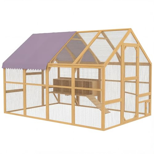 PawHut Hühnerstall 5,2m² 2,8x1,8x1,9m mit Freilauf Sicherheitsschloss Gelb | Holz Freilaufgehege Teilbare Tür 4 Nistkasten Dach Rampe begehbar Hühnergehege Katzengehege für 8-12 Hühner Kaninchen Ente