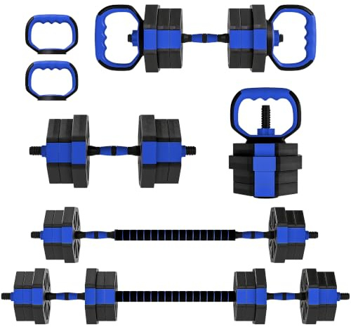 SPORTNOW 20/25/30 kg Ensemble d'Haltères Musculation 6 en 1 Bleu et Noir | Haltères Réglables Antidérapantes, Kettlebell Réglable, Barre de Musculation, Support pour Pompes, Fitness à Domicile