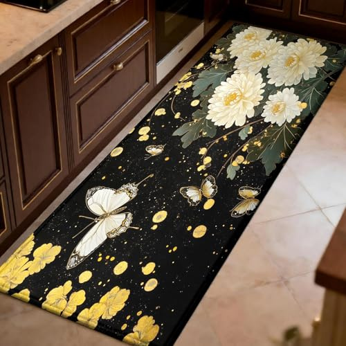 giallo-verde Passatoia corridoio antiscivolo 50 x 180 cm Farfalla crisantemo giapponese Tappeto cucina pelo corto, tappetto salotto per soggiorno, camera, corridoio, ingresso e bagno