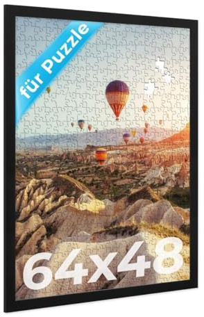 PHOTOLINI Bilderrahmen 64x48 Puzzle Rahmen 48x64 Holz MDF schwarz mit Acrylglas, Bilderrahmen für Puzzle 1000 Teile zum Aufhängen, Puzzlerahmen 1000 Teile, Rahmen 64 x 48 cm - für Ihre Galerie