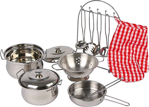 Childrens Toy Metal Cooking Pots, Pans, Oven Glove & Utensils Set