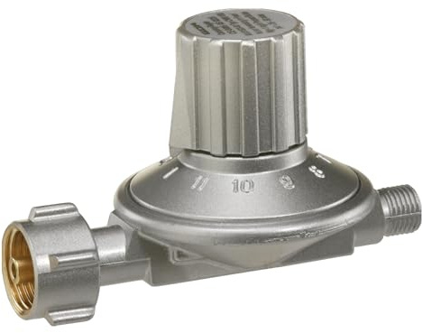 GOK Gasregulator | Justerbar i 11 steg – 25–50 mbar | För anslutning till propan-butang-gasflaskor upp till 11 kg, silver