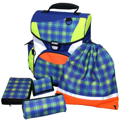 Idena 250043 - Schulranzenset, Ranzen, Schüleretui, Sportbeutel, Faulenzer, Geldbörse, kariert, 5-teilig, blau
