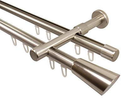 iso-design Innenlaufstange 2-läufig 20 mm Durchmesser Farbe Edelstahl zur Wandmontage Gardinenstange inklusive Gleitern, Wandhaltern und Endstück Digo, 200 cm