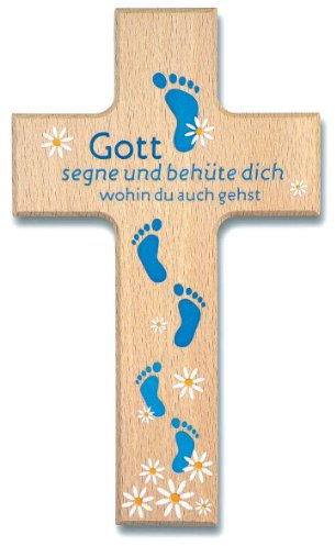 Uljö °° Kinderkreuz Holzkreuz Gott segne und behüte dich Füße blau