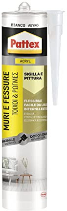 Pattex Sigillante Bianco Muri e Fessure, Acrilico, Verniciabile, per Facciate, Giunti, Fessure, Inodore, Uso Interno, Senza Solventi, Cartuccia da 280 ml