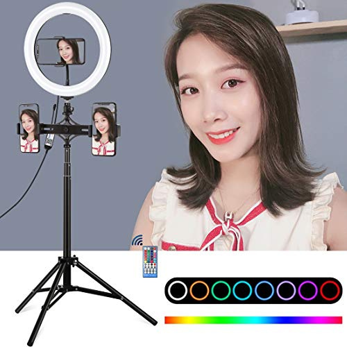 PULUZ LED RGBW Ring Light Kit 25,9 cm RGBW Selfie Ring Light con treppiede regolabile da 1,65 m e testa a sfera a treppiedi e morsetto per telefono e telecomando per Live Stream, YouTube Video, trucco