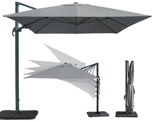 paramondo parapenda Plus Ampelschirm Ampelsonnenschirm, 360° Schwenkbar, Axiale Neigung, Kurbelbedienung, Stahl-Standkreuz und Gestell in Anthrazit, Rechteckig, Grau, 3 x 4 m