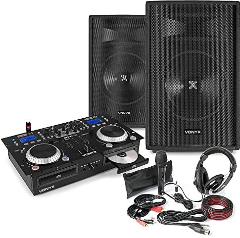 DJ equipment package with 2x 12” passive PA speakers, dual CD mixer with amplifier, microphone, headphones, and all essential cables - Dynamic DJ setup for Parties, Home Practice and Mobile Use.