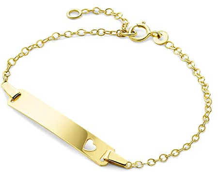 MIORE Kinderschmuck ID Armband mit Namensschild und ausgestanztem Herz Armkettchen aus Gelbgold 9 Karat /375 Gold, Länge wählbar von 12-14cm